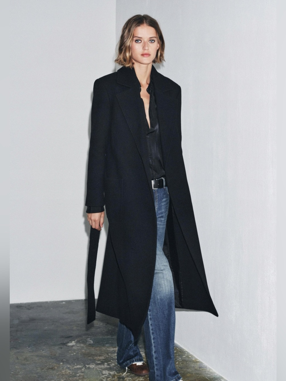 NWT. Zara ZW Collection Black Wool Blend Coat with Belt. Size XS.